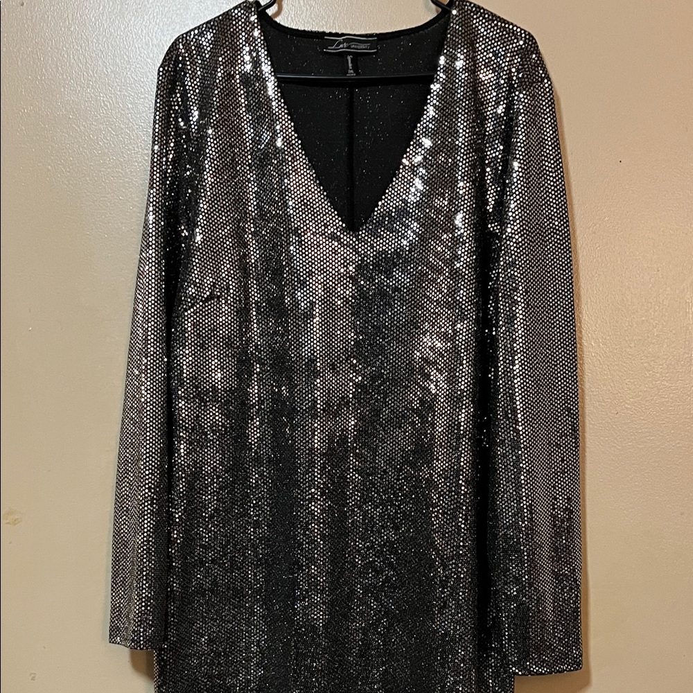 Women's Silver Sequin Long Sleeve V-Neck Dress